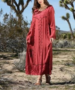 Ananda's Collection | Rust Embroidered Back-Tie Long-Sleeve Maxi Dress - Women
