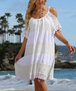 Ananda's Collection | White Stripe Lace Shoulder Cutout Dress - Women -Ananda's Collection Shop zu71350395 alt 2 tm1555004315