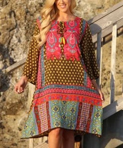 Ananda's Collection | Brown & Pink Patchwork Long-Sleeve Shift Dress - Women