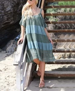 Ananda's Collection | Sage Stripe Lace Shoulder Cutout Dress - Women