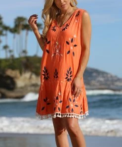 Ananda's Collection | Peach Floral Embroidered Tassel-Hem Sleeveless Dress - Women -Ananda's Collection Shop zu73220640 alt 2 tm1558370290