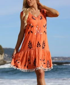 Ananda's Collection | Peach Floral Embroidered Tassel-Hem Sleeveless Dress - Women -Ananda's Collection Shop zu73220640 alt 3 tm1558370290