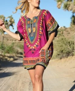 Ananda's Collection | Purple & Yellow Abstract Pocket Notch Neck Tunic Dress - Plus