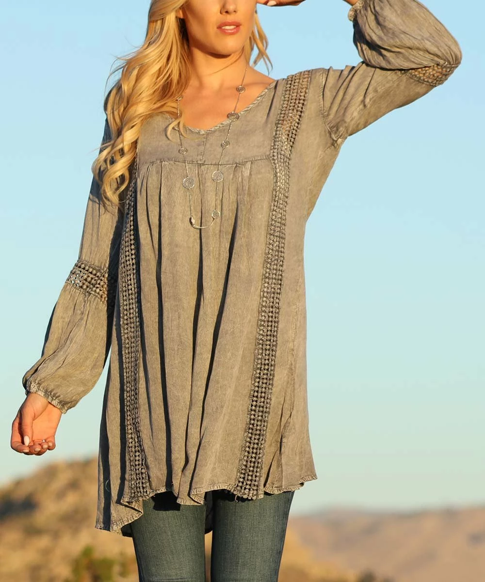Ananda's Collection | Gray Crochet-Accent Long-Sleeve Tunic - Women & Plus 4 Ananda's Collection | Gray Crochet-Accent Long-Sleeve Tunic - Women & Plus - Image 2