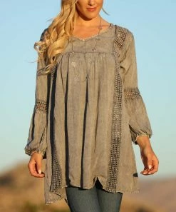 Ananda's Collection | Gray Crochet-Accent Long-Sleeve Tunic - Women & Plus