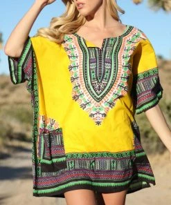 Ananda's Collection | Yellow & Purple Abstract Pocket Notch Neck Tunic Dress - Plus