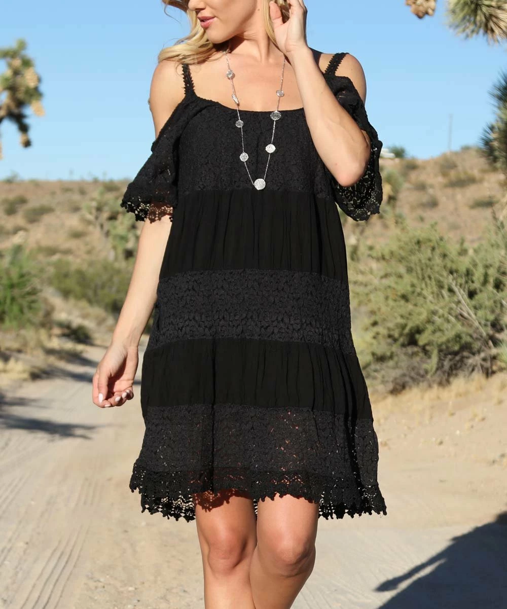 Ananda's Collection | Black Crochet-Accent Cold-Shoulder Shift Dress - Women 4 Ananda's Collection | Black Crochet-Accent Cold-Shoulder Shift Dress - Women - Image 2