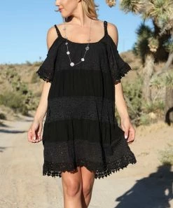 Ananda's Collection | Black Crochet-Accent Cold-Shoulder Shift Dress - Women