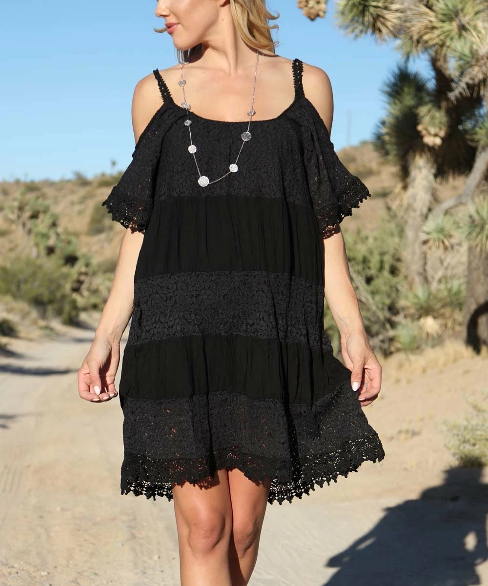 Ananda's Collection | Black Crochet-Accent Cold-Shoulder Shift Dress - Women 3 Ananda's Collection | Black Crochet-Accent Cold-Shoulder Shift Dress - Women