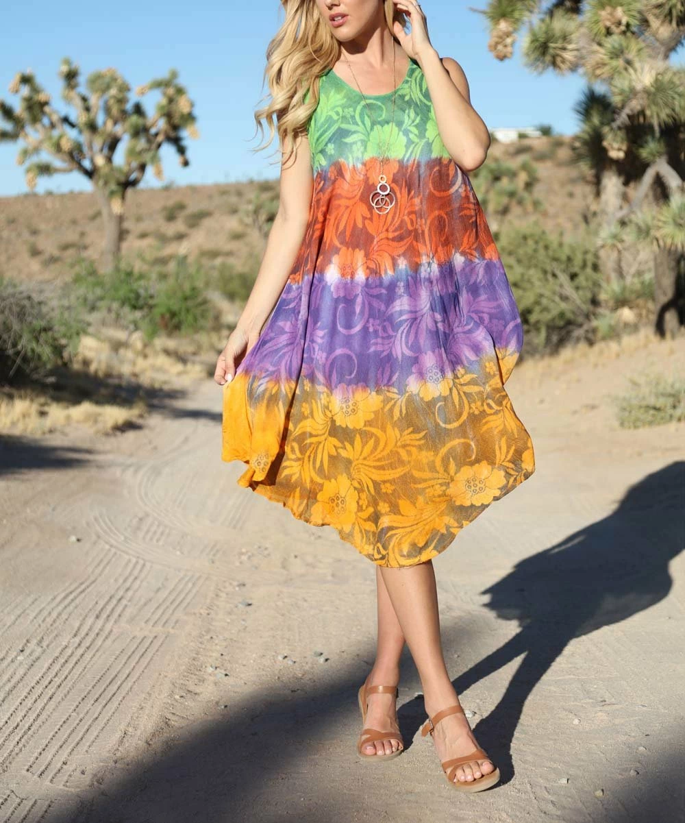 Ananda's Collection | Neon Green & Ochre Floral Block Sleeveless Dress - Women 4 Ananda's Collection | Neon Green & Ochre Floral Block Sleeveless Dress - Women - Image 2