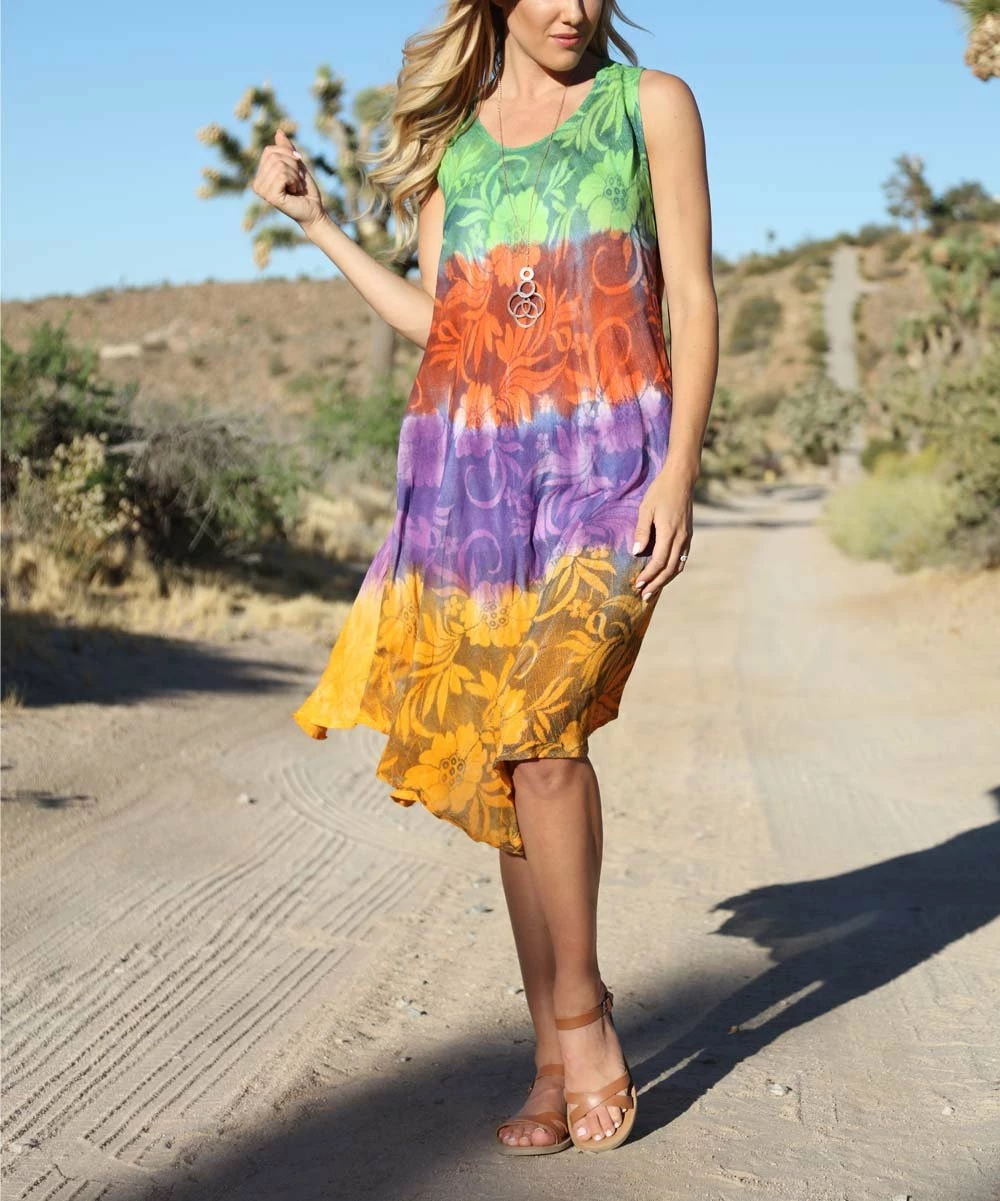 Ananda's Collection | Neon Green & Ochre Floral Block Sleeveless Dress - Women 3 Ananda's Collection | Neon Green & Ochre Floral Block Sleeveless Dress - Women