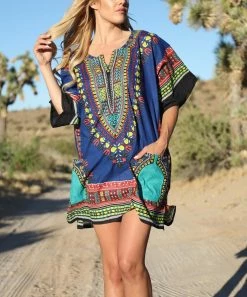 Ananda's Collection | Royal & Green Abstract Pocket Notch Neck Tunic Dress - Plus