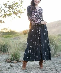 Ananda's Collection | Black Floral Embroidered Lace Maxi Peasant Dress - Women