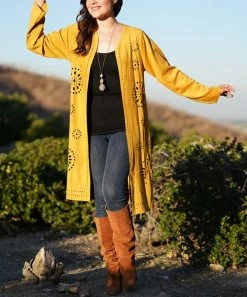 Ananda's Collection | Mustard Cutout Medallion Longline Open Cardigan - Women -Ananda's Collection Shop zu82177602 alt 2 tm1571943919