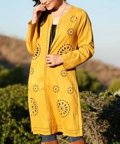 Ananda's Collection | Mustard Cutout Medallion Longline Open Cardigan - Women