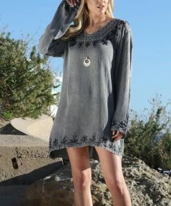 Ananda's Collection | Gray Embroidered Long-Sleeve V-Neck Shift Dress - Women & Plus