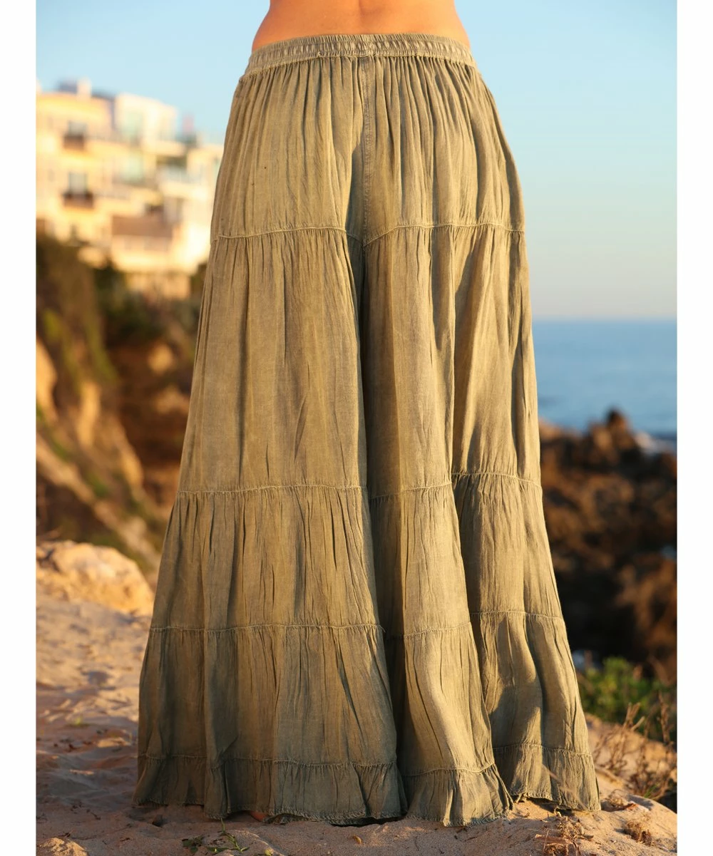 Ananda's Collection | Olive Tiered Tie-Waist Palazzo Pants - Women 5 Ananda's Collection | Olive Tiered Tie-Waist Palazzo Pants - Women - Image 3