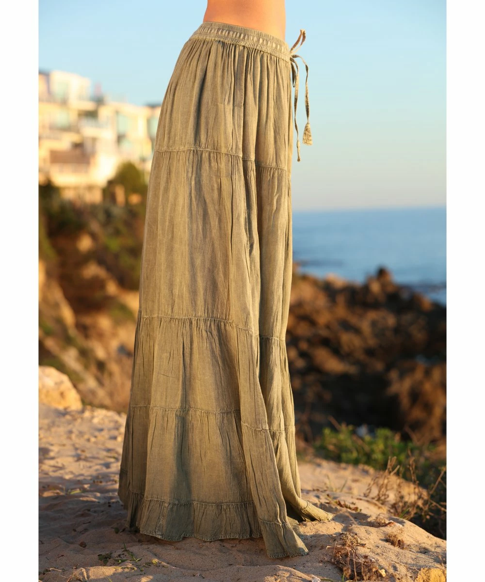 Ananda's Collection | Olive Tiered Tie-Waist Palazzo Pants - Women 6 Ananda's Collection | Olive Tiered Tie-Waist Palazzo Pants - Women - Image 4