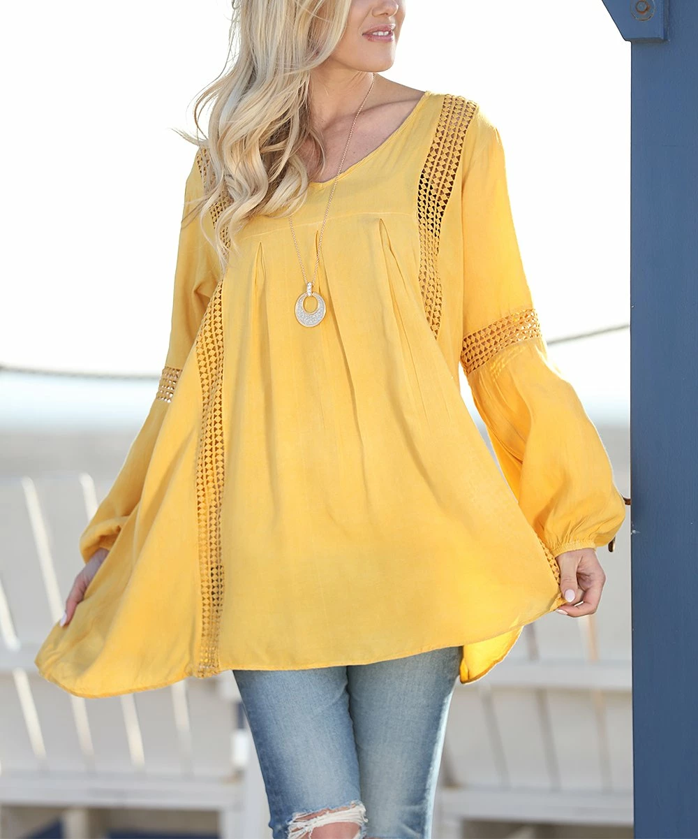 Ananda's Collection | Yellow Crochet-Inlay Pleated Swing Tunic - Women & Plus 4 Ananda's Collection | Yellow Crochet-Inlay Pleated Swing Tunic - Women & Plus - Image 2