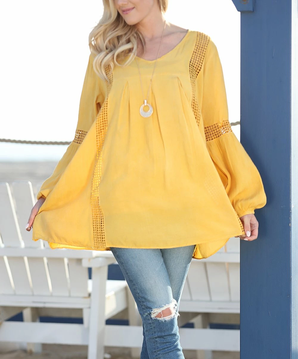 Ananda's Collection | Yellow Crochet-Inlay Pleated Swing Tunic - Women & Plus 5 Ananda's Collection | Yellow Crochet-Inlay Pleated Swing Tunic - Women & Plus - Image 3