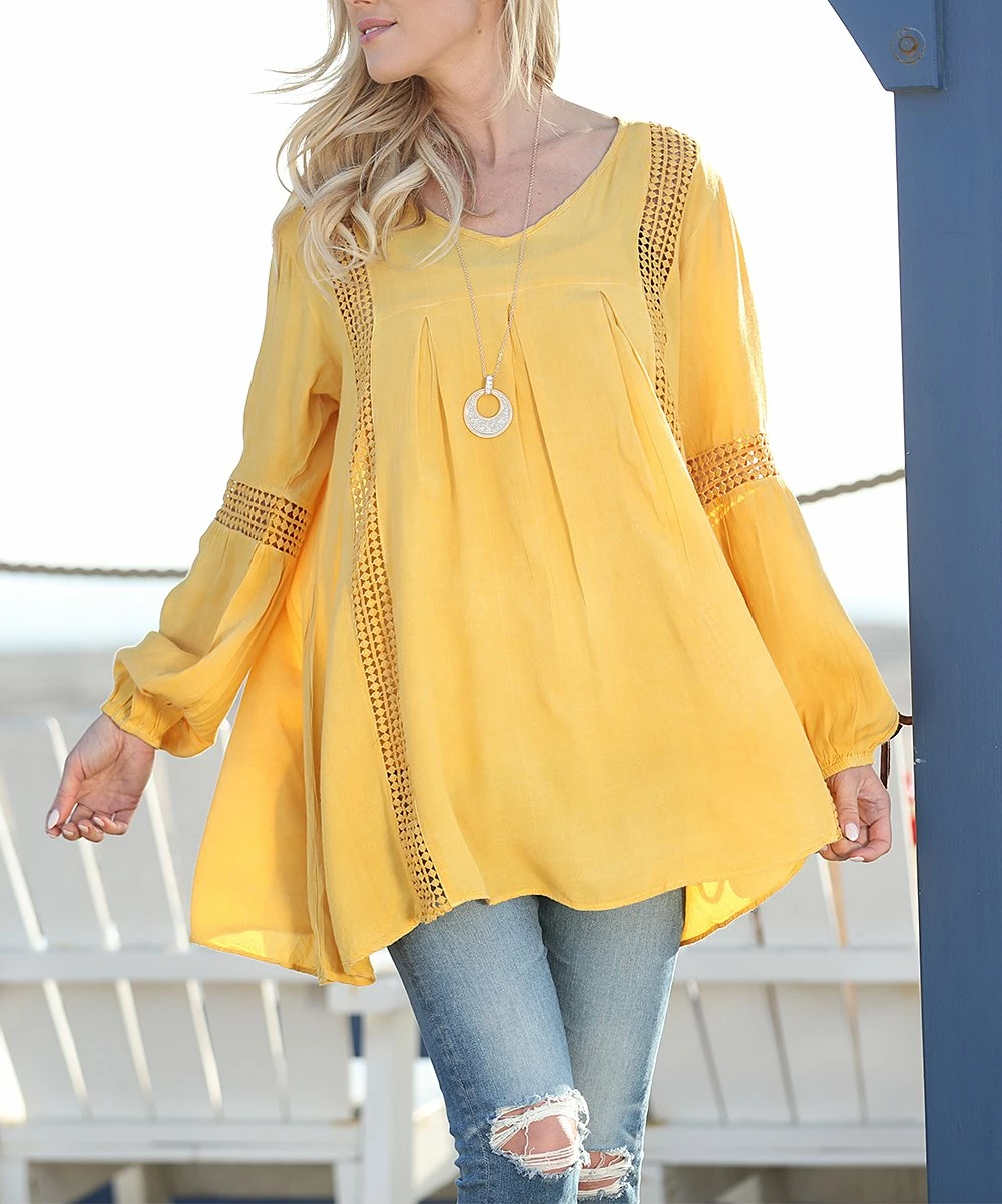 Ananda's Collection | Yellow Crochet-Inlay Pleated Swing Tunic - Women & Plus 3 Ananda's Collection | Yellow Crochet-Inlay Pleated Swing Tunic - Women & Plus