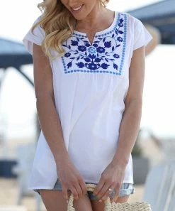 Ananda's Collection | White & Blue Embroidered Notch Neck Tunic - Women & Plus