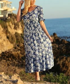Ananda's Collection | Blue & White Floral Shirred Maxi Dress - Women -Ananda's Collection Shop zu83990366 alt 3 tm1579889732