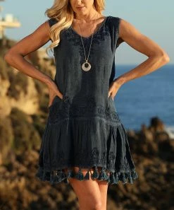 Ananda's Collection | Navy Swirl Tassel-Accent Sleeveless Shift Dress - Women -Ananda's Collection Shop zu83990370 alt 2 tm1579889732