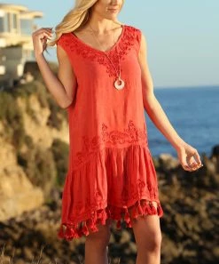 Ananda's Collection | Red Swirl Tassel-Accent Sleeveless Shift Dress - Women