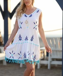 Ananda's Collection | White & Turquoise Embroidered Tassel-Accent Sleeveless Shift Dress - Women
