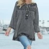 Ananda's Collection | Gray & Dark Green Floral Embroidered Button-Up Tunic - Plus