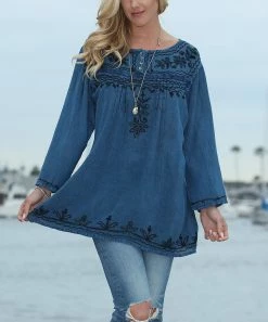 Ananda's Collection | Denim Blue Floral Embroidered Button-Up Tunic - Women & Plus -Ananda's Collection Shop zu85272988 alt 3 tm1584480718