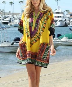 Ananda's Collection | Yellow & Pink Geometric Pocket Notch Neck Tunic Dress - Plus