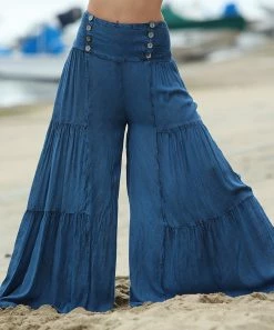 Ananda's Collection | Blue Button-Accent Tiered Palazzo Pants - Women