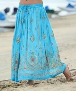 Ananda's Collection | Turquoise & Orange Floral Drawstring Max Skirt - Women