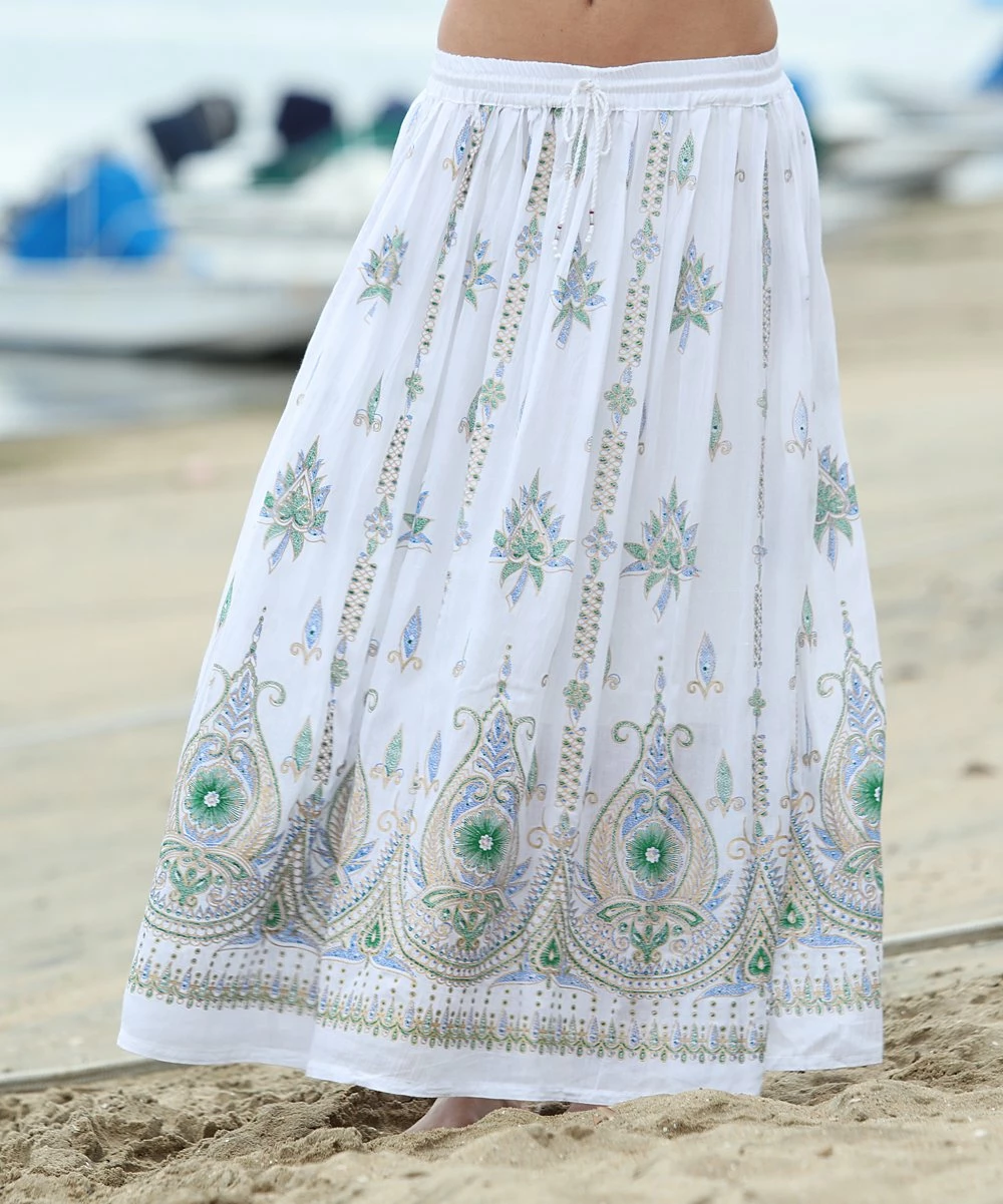 Ananda's Collection | White & Green Floral Drawstring Maxi Skirt - Women 4 Ananda's Collection | White & Green Floral Drawstring Maxi Skirt - Women - Image 2