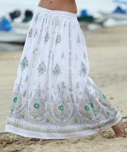 Ananda's Collection | White & Green Floral Drawstring Maxi Skirt - Women