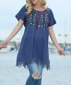 Ananda's Collection | Blue Floral Embroidered Short-Sleeve Tunic - Women -Ananda's Collection Shop zu85809714 alt 2 tm1586372924