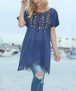 Ananda's Collection | Blue Floral Embroidered Short-Sleeve Tunic - Women
