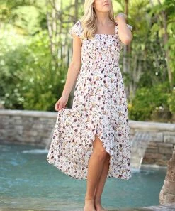 Ananda's Collection | White Floral Smocked Flutter-Sleeve Hi-Low Dress - Women