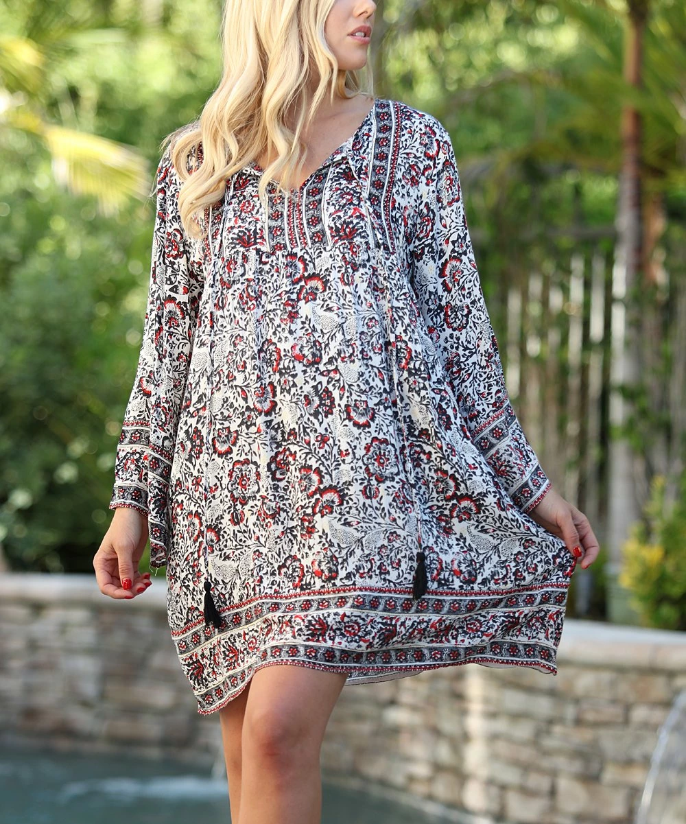 Ananda's Collection | White & Black Floral Notch Neck Bell-Sleeve Shift Dress - Women 5 Ananda's Collection | White & Black Floral Notch Neck Bell-Sleeve Shift Dress - Women - Image 3