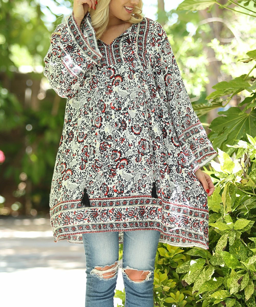 Ananda's Collection | White & Black Floral Notch Neck Bell-Sleeve Shift Dress - Women 7 Ananda's Collection | White & Black Floral Notch Neck Bell-Sleeve Shift Dress - Women - Image 5