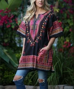 Ananda's Collection | Black & Pink Geometric Pocket Notch Neck Tunic Dress - Plus