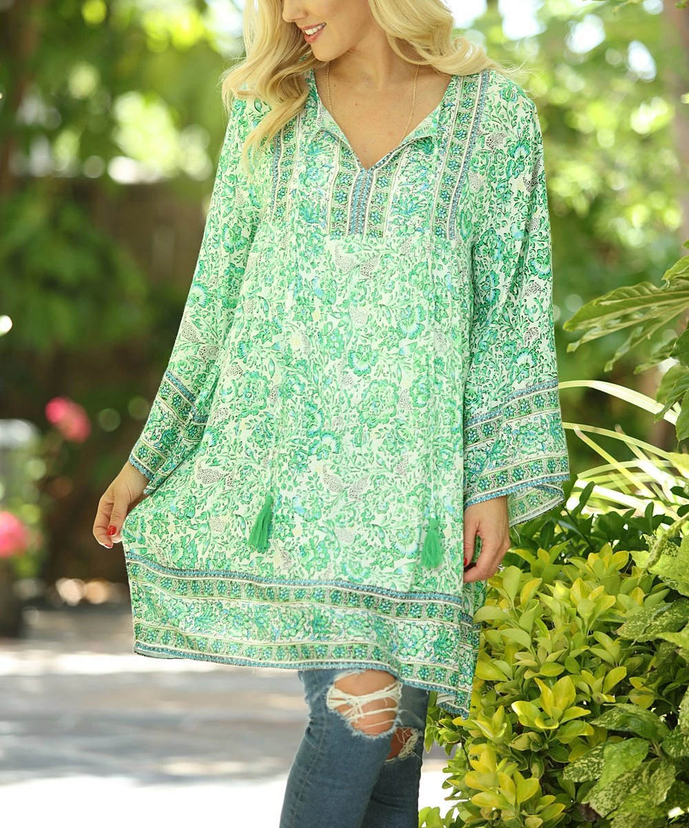 Ananda's Collection | Green Floral Notch Neck Bell-Sleeve Shift Dress - Women 7 Ananda's Collection | Green Floral Notch Neck Bell-Sleeve Shift Dress - Women - Image 5