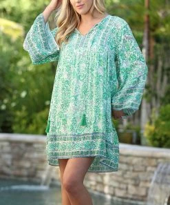 Ananda's Collection | Green Floral Notch Neck Bell-Sleeve Shift Dress - Women
