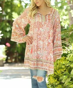 Ananda's Collection | Coral Floral Notch Neck Bell-Sleeve Shift Dress - Women -Ananda's Collection Shop zu87045437 alt 2 tm1591380282