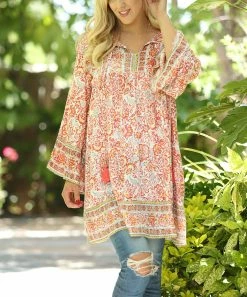 Ananda's Collection | Coral Floral Notch Neck Bell-Sleeve Shift Dress - Women
