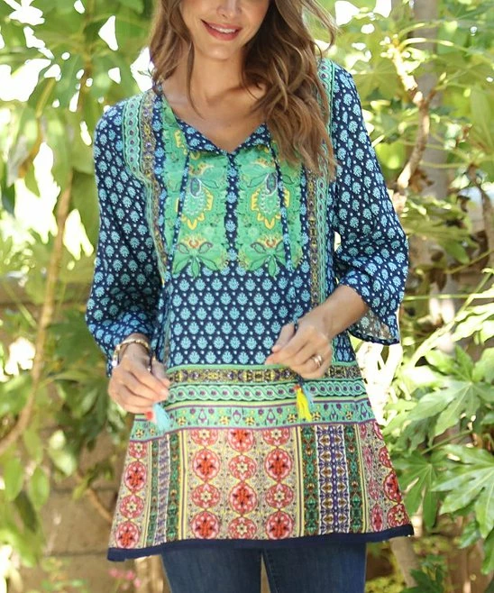 Ananda's Collection | Aqua Patchwork Three-Quarter Sleeve Tunic - Women 6 Ananda's Collection | Aqua Patchwork Three-Quarter Sleeve Tunic - Women - Image 4