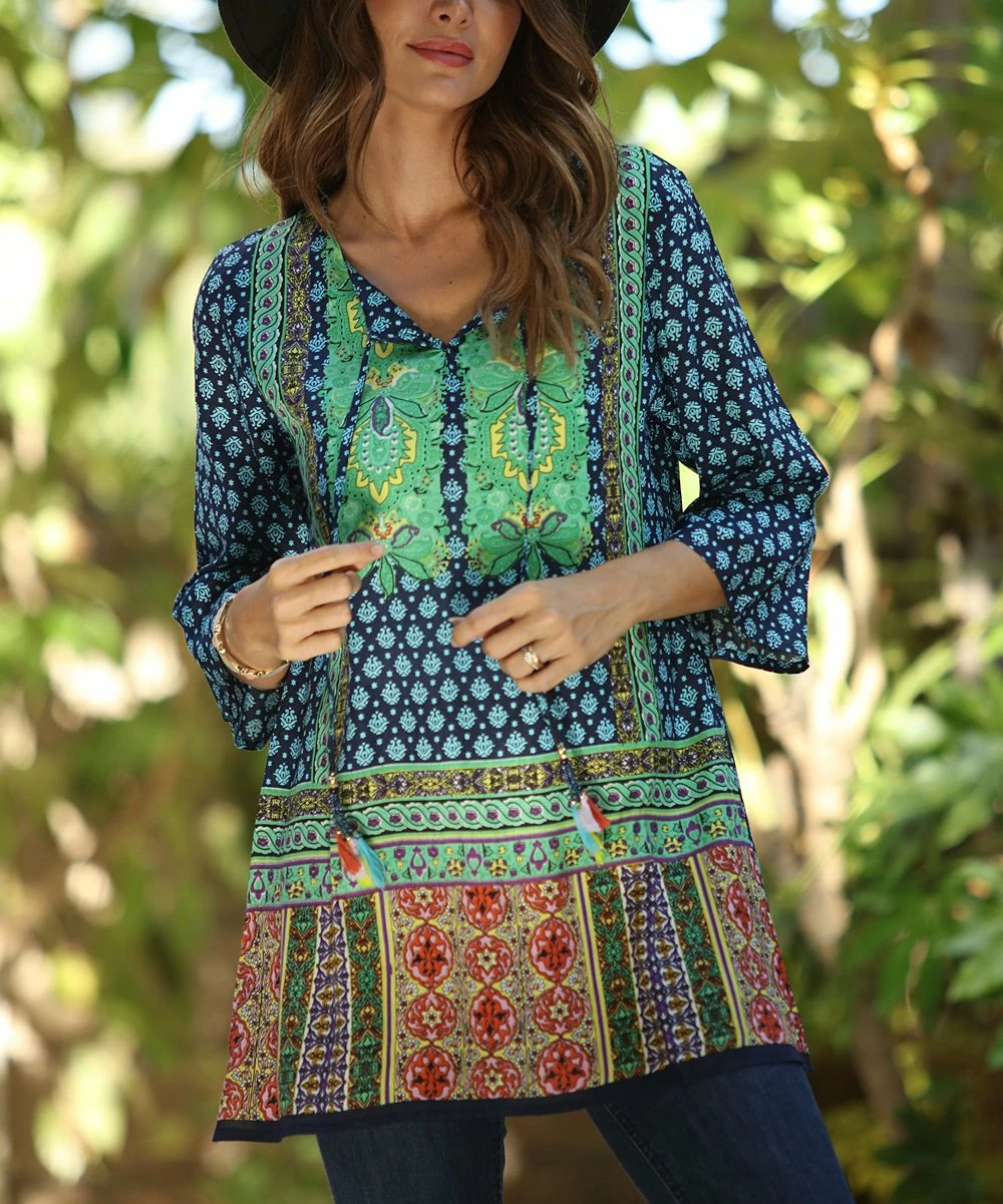 Ananda's Collection | Aqua Patchwork Three-Quarter Sleeve Tunic - Women 7 Ananda's Collection | Aqua Patchwork Three-Quarter Sleeve Tunic - Women - Image 5
