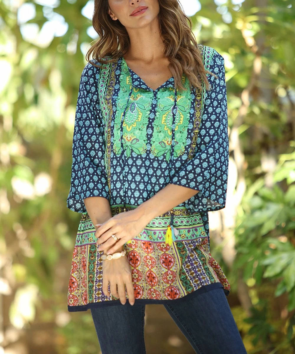 Ananda's Collection | Aqua Patchwork Three-Quarter Sleeve Tunic - Women 3 Ananda's Collection | Aqua Patchwork Three-Quarter Sleeve Tunic - Women